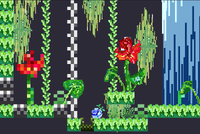 a pixelated screenshot from a game, a drop is crawling up a green vine surrounded by slowers.