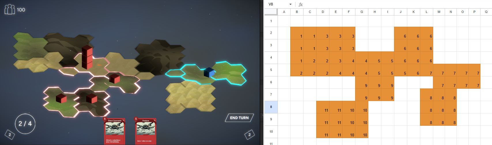 a screenshot of a google spreadsheet and the level generated based on the spreadsheet data.