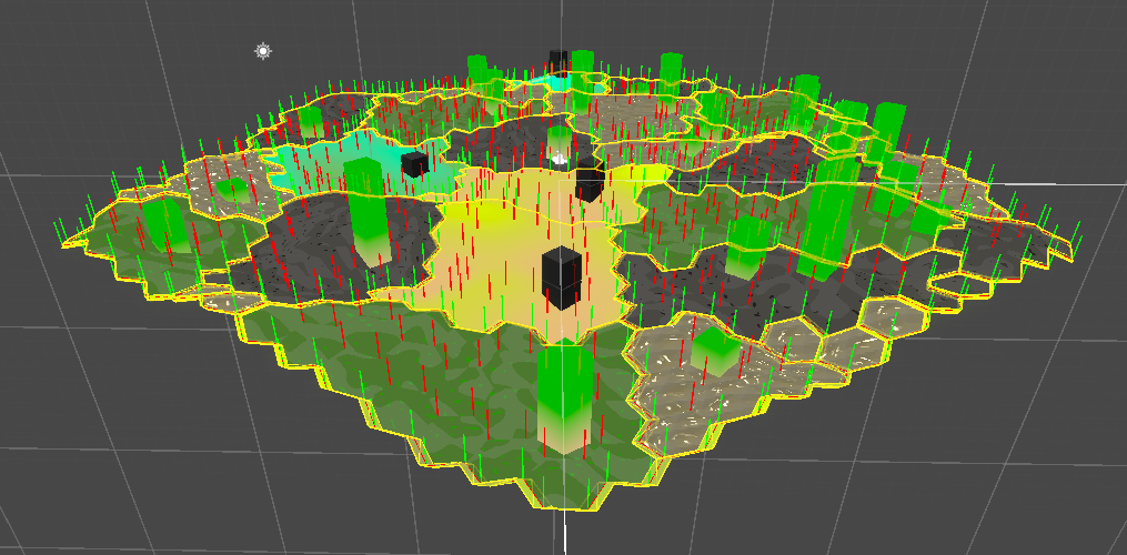 A screenshot of a visual debugging screen from unity, lots of colorored rectangles and some hexagons.